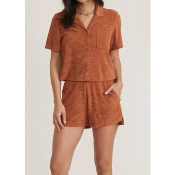 Marine Layer Set Women's Terry Out Resort Top Shorts Brown Casual Relaxed Vaca - Picture 1 of 16